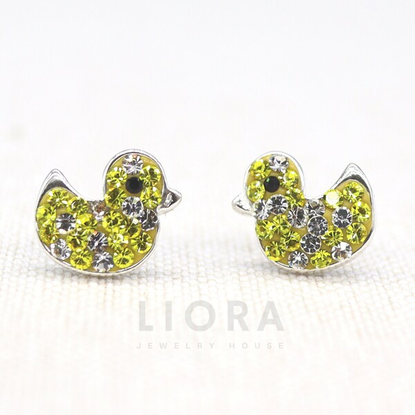 925 Sterling Silver Duck Stud Earrings Decorated with CZ Simulated Diamonds, Duck Earrings, Yellow Duck Earrings, Duck Gift