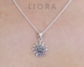 Sterling Silver Sunflower Pendant Necklace, Floral Charm