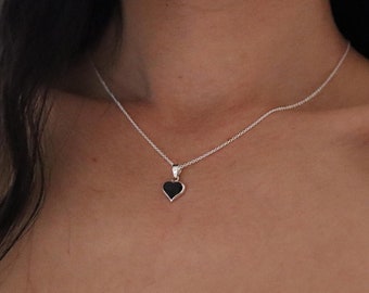 Mini Onyx Heart Pendant Necklace, 925 Silver Heart Necklace