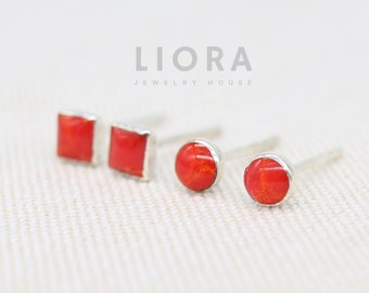 4mm Round Square Red Coral Stud Earrings, Coral Earrings, Circle Earrings, Square Earrings, Gemstone Earrings