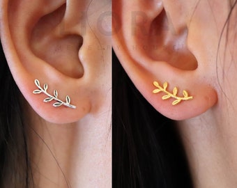 925 Sterling Silver Olive Branch Ear Climber, Olive Earrings, Olive Ear Climber, Leaf Earrings, Leaf Studs