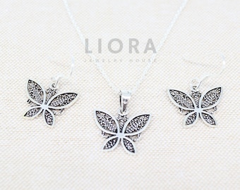 925 Sterling Silver Sets of Butterfly Earring and Butterfly Necklace, Butterfly Earrings, Butterfly Pendant, Jewelry Sets