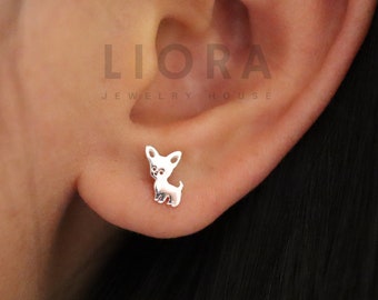 925 Sterling Silver Chihuahua Stud Earrings, Dog Earrings, Puppy Earrings, Dog Studs, Pet Earrings, Chihuahua Gift