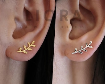 Pendientes trepadores de rama de olivo en plata de ley 925, pendientes de aceituna, pendientes trepadores de aceituna, pendientes de hoja, pendientes de hoja