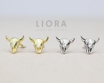 925 Sterling Silver Cow Skull Stud Earrings, 14k Gold Cow Earrings, Bull Skull Earrings,  Skull Earrings, OX Earrings, Buffalo Earrings