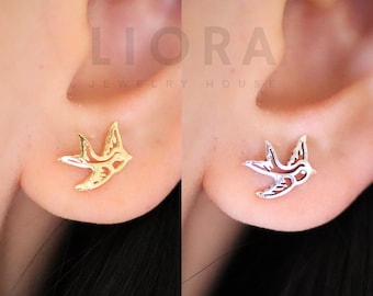 925 Sterling Silber Schwalbe Ohrstecker, Schwalbe Ohrringe, Vogel Ohrringe, fliegender Vogel, Vogel Geschenk, Vogel Schmuck, 18k Gold Schwalbe Ohrringe