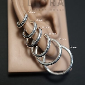 Puede incluir: Un conjunto de seis aros de plata de diferentes tama&ntilde;os, que van desde los 10 mm hasta los 20 mm de di&aacute;metro. Los pendientes se muestran en la oreja de un maniqu&iacute;.