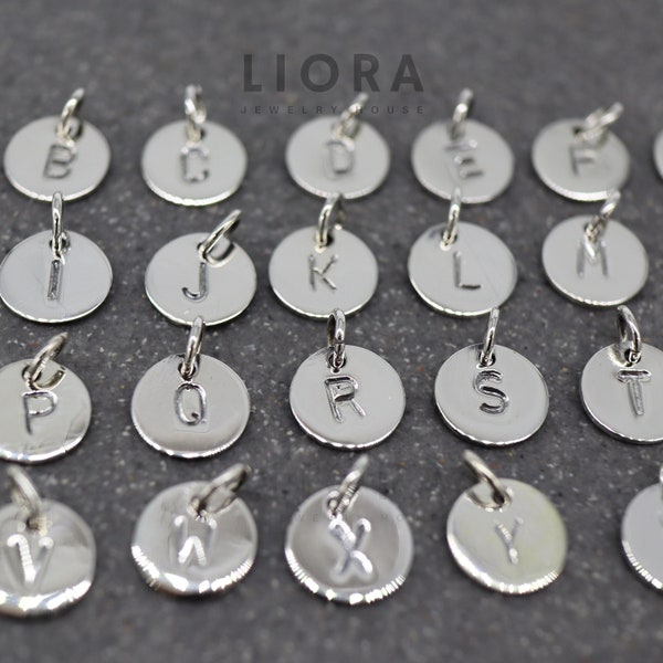 High polish 925 Sterling Silver Charm Alphabet, 8mm Initial Pendant Monogram, Round Plate Initial, Letter Plate Necklace, initial disc