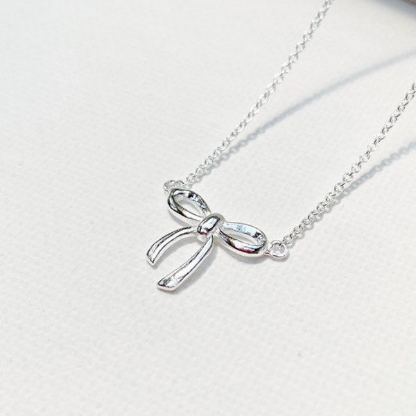 925 Sterling silver bow necklace, solid bow pendant necklace, 925 bow tie charm, bow chain, small bowtie necklace, silver bow necklace