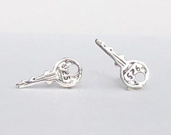 925 Sterling Silver Key Stud Earrings, Oxidized Silver, Tiny Keys