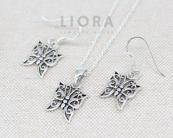 925 Sterling Silver Sets of Butterfly Earring and Butterfly Necklace, Butterfly Earrings, Butterfly Pendant, Jewelry Sets