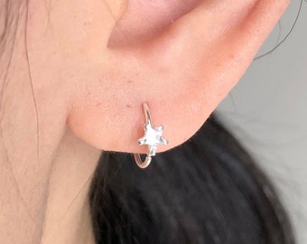 925 Sterling silver CZ star heart hoop earrings, star hoop earrings, heart hoop earrings, heart wire earrings, star wire earrings, starheart