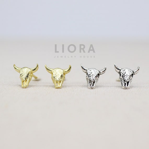925 Sterling Silver Cow Skull Stud Earrings, 14k Gold Cow Earrings, Bull Skull Earrings,  Skull Earrings, OX Earrings, Buffalo Earrings