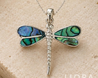 925 Sterling Silver Dragonfly Abalone Pendant Necklace, Blue Green Paua Shell Jewelry