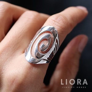 925 Sterling Silver Spiral Ring, Wave Ring, Spiral Motif Ring, Silver Abstract Minimal, Boho Ring, Large Spiral Statement Ring, Circle Ring