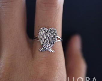 925 Sterling Silver Angel Wing Ring, Heart Wing ring, Angel Wing Ring, Double Wing, Wing Gift For Her, Heart Ring