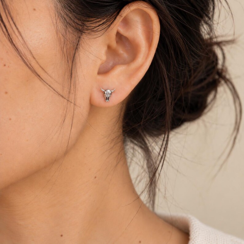 925 Sterling Silver Cow Skull Stud Earrings, 18k Gold Buffalo Earrings image 3
