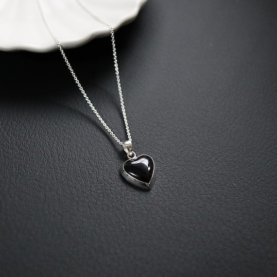 15mm Black Onyx Heart Pendant Necklace, 925 Silver Heart Pendant