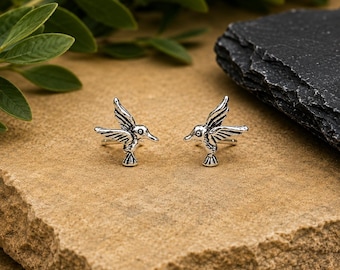 Könnte beinhalten: Ein Paar Ohrstecker aus silberfarbenem Metall in Form von fliegenden Kolibris. Jeder Ohrstecker zeigt detaillierte Flügel, einen spitzen Schnabel und einen kleinen Schwanz mit einer polierten Oberfläche, die die texturierten Konturen hervorhebt.