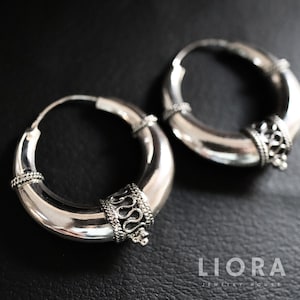 925 Sterling Silver Tribal Hoop Earring, Bali Hoop Earrings, 25mm 35mm Hoop, Thick Chunky Earrings, bohemian Earrings, Hill Tribe Hoops