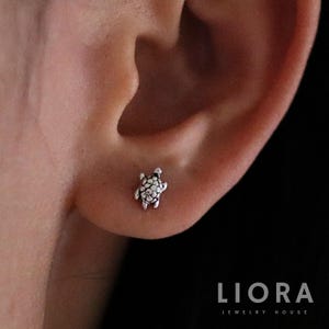 May include: Sterling silver turtle stud earrings. The earrings are small and delicate, with a detailed turtle design.