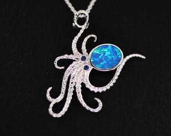 925 Sterling Silver Blue Opal Octopus Pendant Necklace, Octopus Pendant, Opal Octopus Charm, Opal Necklace, Octopus Gift, Squid Pendant