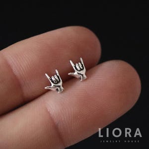 925 Sterling Silver I Love You Hand Sign Stud Earrings, Hand Earrings, I love you Earrings, Love Studs, Hand Studs, Hand Symbol Earrings