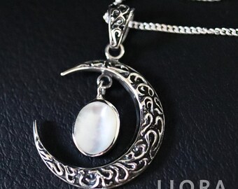 Collana con ciondolo a forma di mezzaluna in argento sterling 925, ciondolo a forma di luna in perla e abalone, luna boho, grande mezzaluna, regalo per lei, luna in filigrana