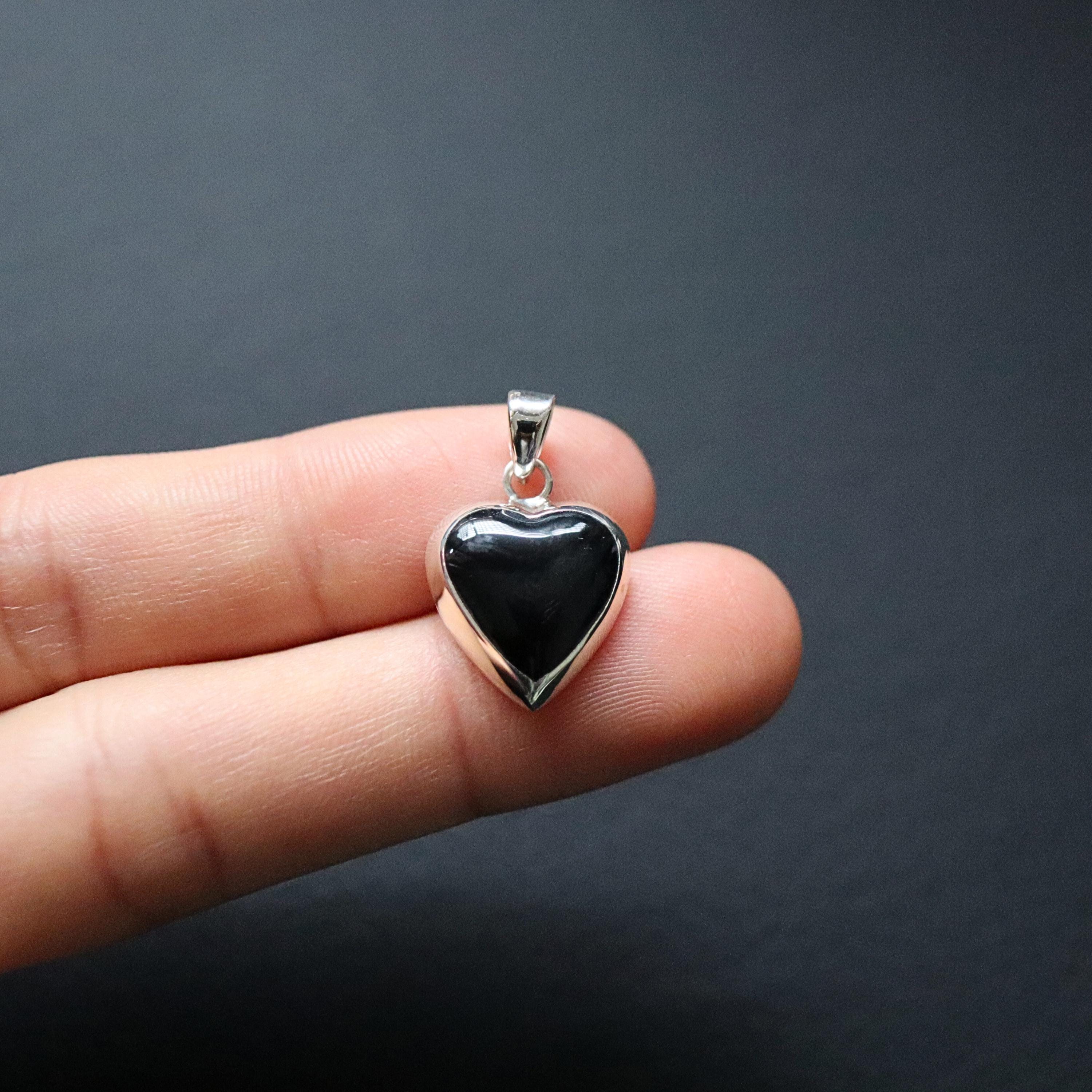 15mm Black Onyx Heart Pendant Necklace, 925 Silver Heart Pendant