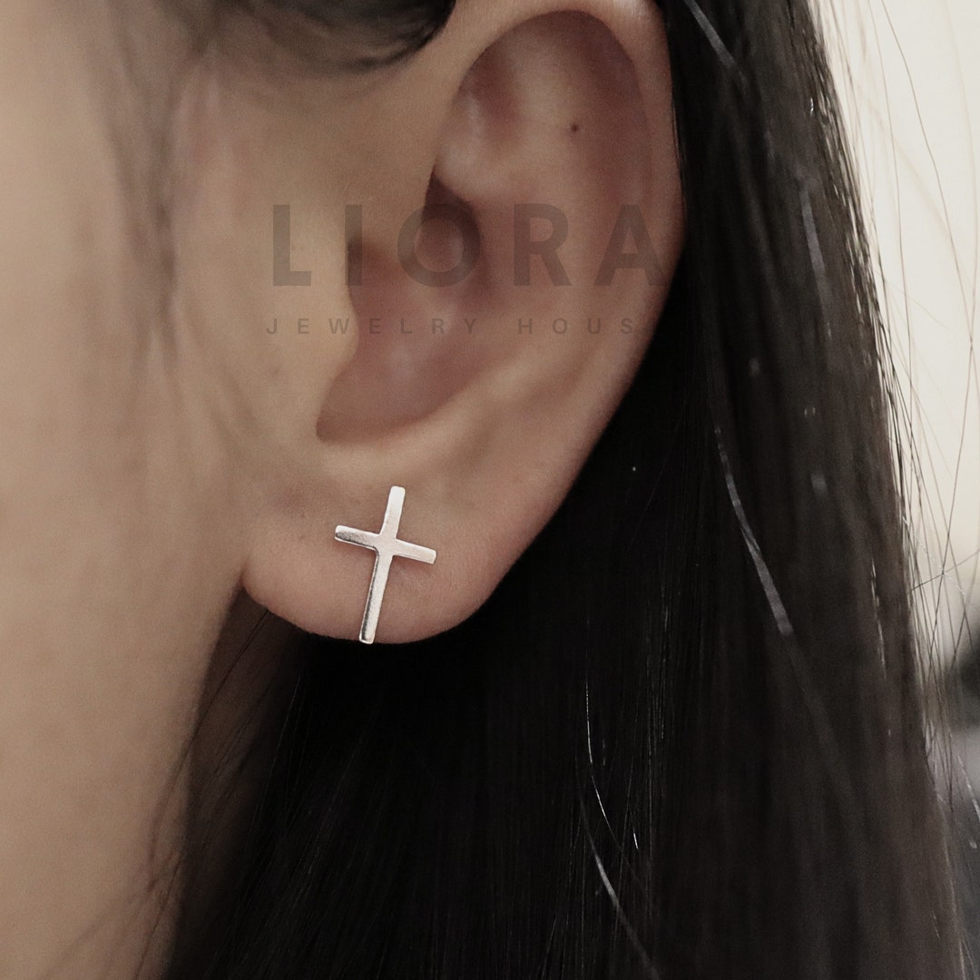 925 Sterling Silver Cross Stud Earrings Sparkling Religious Jewelry - View #2
