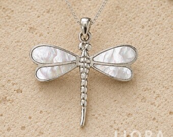925 Sterling Silver Dragonfly Necklace, Mother of Pearl Wings, Nature Inspired Jewelry