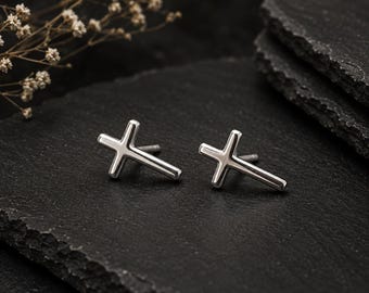 925 Sterling Silver Minimalist Cross Stud Earrings, Everyday Symbolic Jewelry