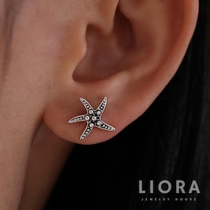 925 Sterling Silver Starfish Stud Earrings, Oxidized Starfish Earrings, Star Earrings, Coastal Earrings, Starfish Gift, Realistic Starfish