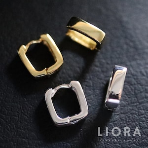 18K Gold Square Huggie Hoop Earrings, Geometric Square Hoop, Silver Huggie Hoops, Gold Silver Huggie Earrings, Square Earrings, Gift Her Her