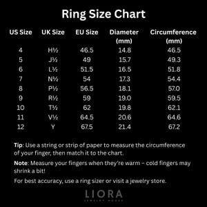 May include: Ring size chart with US, UK, and EU sizes, along with millimeter diameter and circumference measurements. Includes tips for measuring finger size using string or paper, and a note about warm fingers. The chart is from Liora Jewelry House.