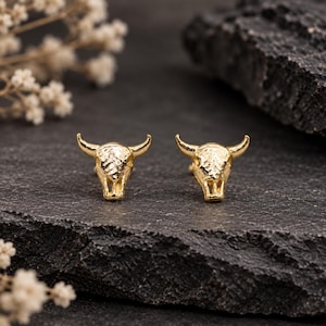 925 Sterling Silver Cow Skull Stud Earrings, 18k Gold Buffalo Earrings image 6