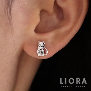 Cat stud earrings, sitting cat earrings, cat earrings, grumpy cat, cat lover gift, sterling silver cat earrings, animal earrings, kid studs