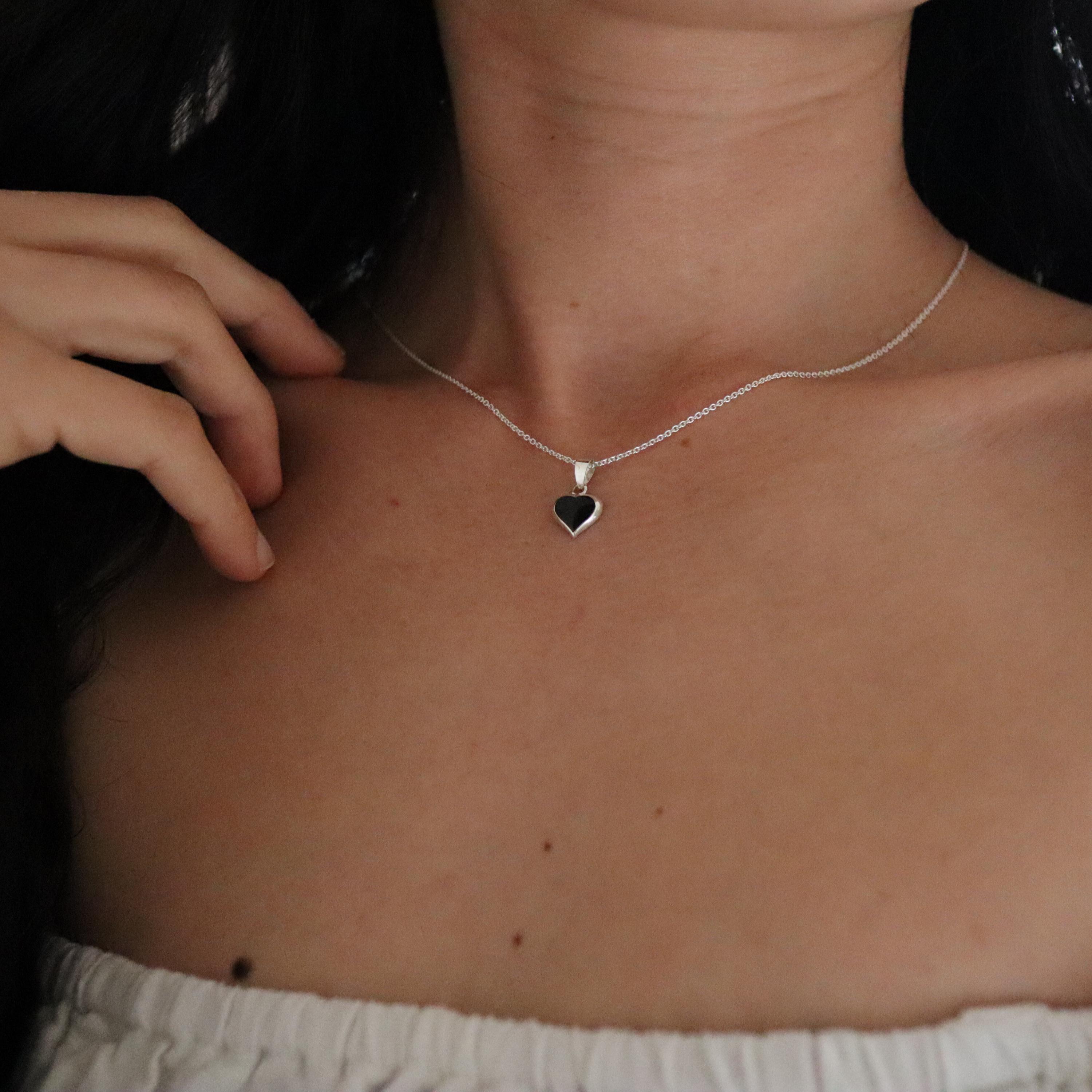 Mini Onyx Heart Pendant Necklace, 925 Silver Heart Necklace