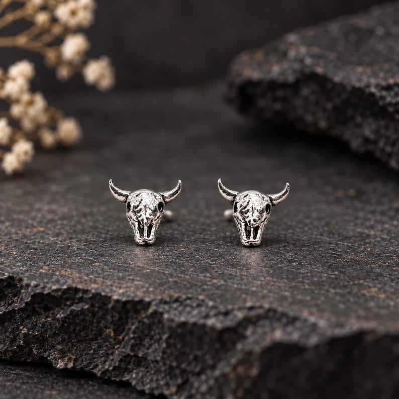 925 Sterling Silver Cow Skull Stud Earrings, 18k Gold Buffalo Earrings image 5