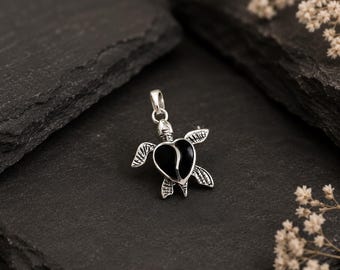 Sterling Silver Onyx Turtle Pendant Necklace, Ocean Charm