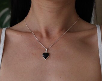 15mm Black Onyx Heart Pendant Necklace, 925 Silver Heart Pendant