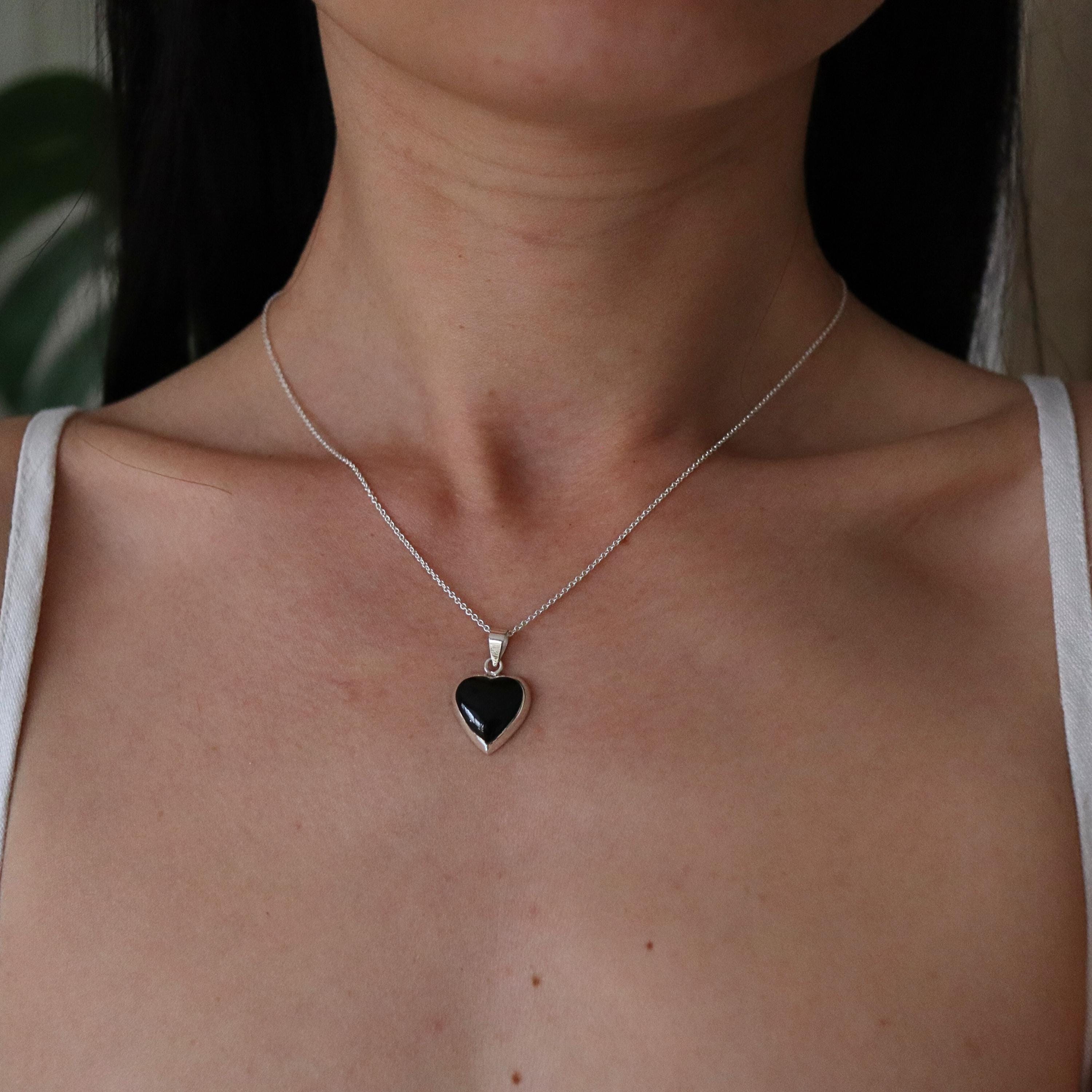 15mm Black Onyx Heart Pendant Necklace, 925 Silver Heart Pendant