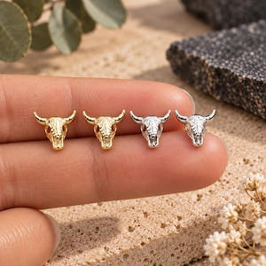 925 Sterling Silver Cow Skull Stud Earrings, 18k Gold Buffalo Earrings image 2