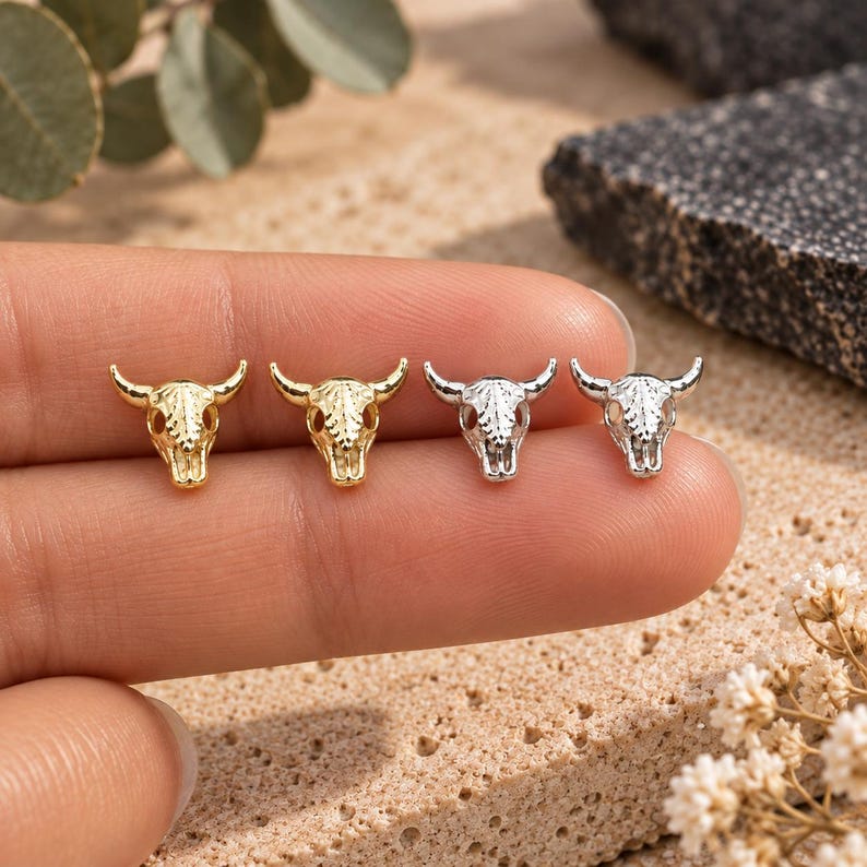 925 Sterling Silver Cow Skull Stud Earrings, 18k Gold Buffalo Earrings image 2