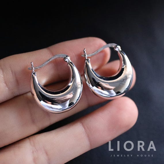 925 Sterling Silver Solid Round Thick Hoop, Crescent Moon