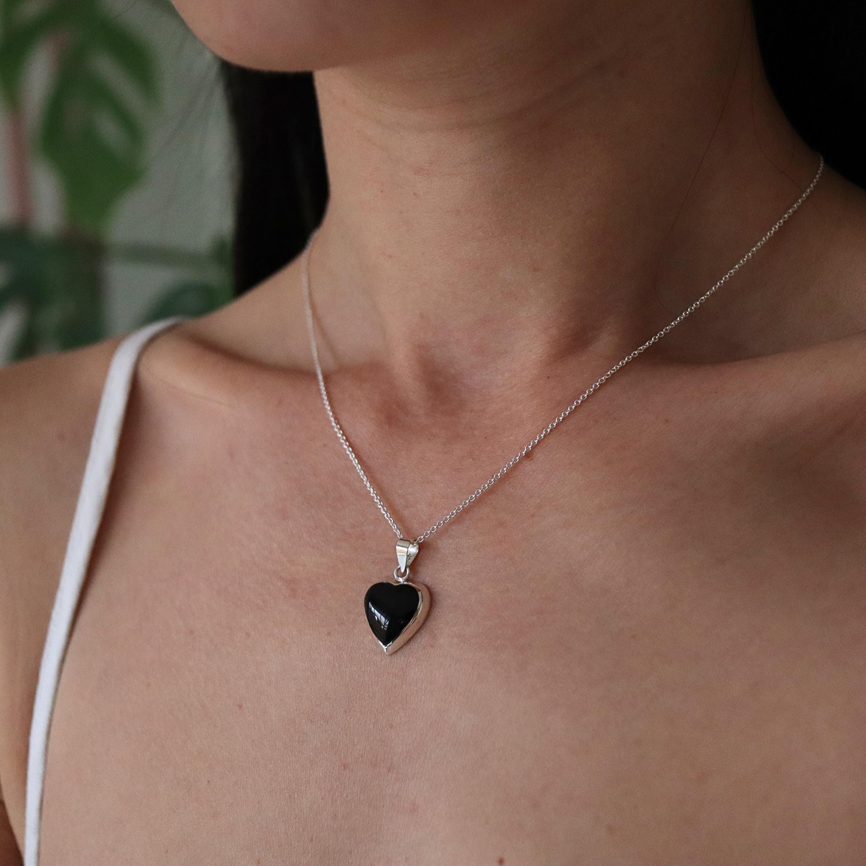 15mm Black Onyx Heart Pendant Necklace, 925 Silver Heart Pendant