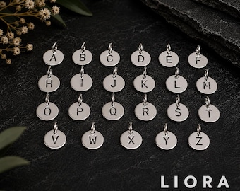 High polish 925 Sterling Silver Charm Alphabet, 8mm Initial Pendant Monogram, Round Plate Initial, Letter Plate Necklace, initial disc
