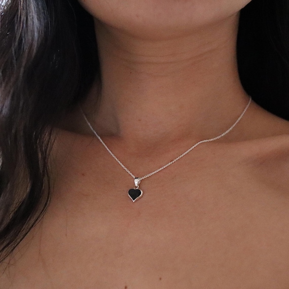 ★HAS★ Silver925 HW003 Mini heart necklace Mini Onyx Heart Pendant Necklace, 925 Silver Heart Necklace