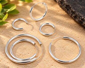 925 Sterling Silver 3mm Thick Hoop Earrings, Classic Hoop, Polished Design