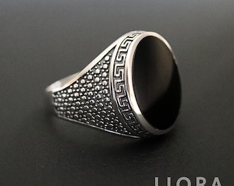 Men’s Sterling Silver Black Onyx Signet Ring, Greek Key Band, Vintage Style Silver Ring, Bold Statement Ring, Gift for Him, Onyx Ring